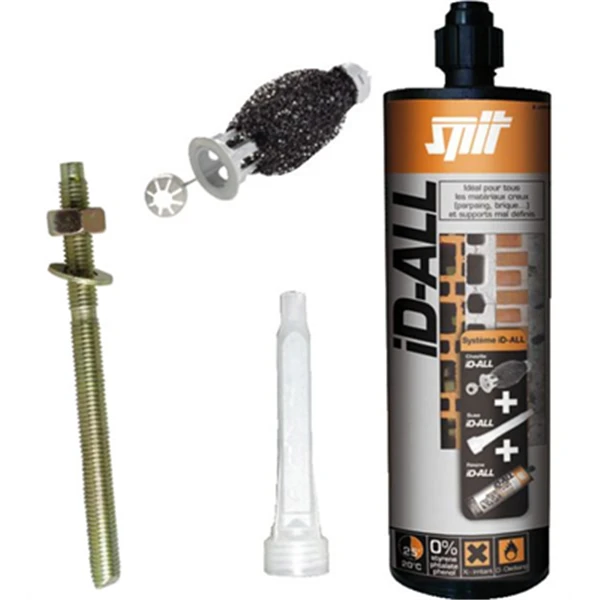 Kit M8 ID ALL 8 Chevilles + 1 Cartouche 280 Ml + 2 Buses + 8 Tiges Filetées M8 1 Kit M8 ID ALL 8 Chevilles + 1 Cartouche 280 Ml + 2 Buses + 8 Tiges Filetées M8